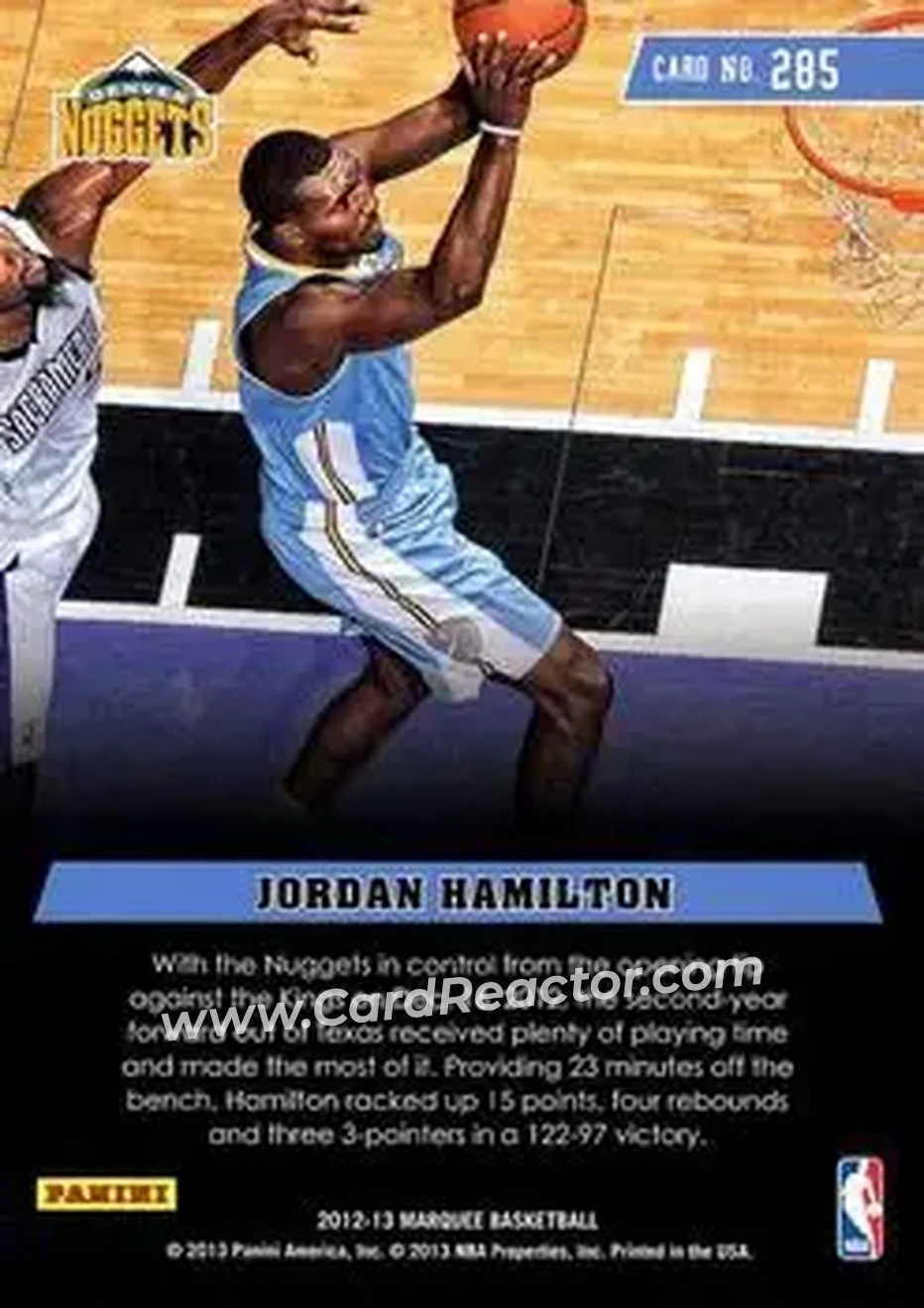 2012-13 Panini Marquee #285 - Jordan Hamilton - Denver Nuggets - Back