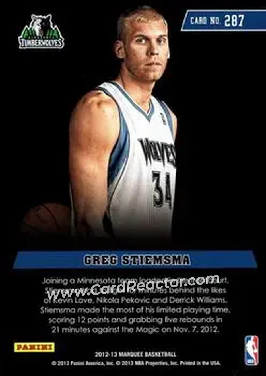 2012-13 Panini Marquee #287 - Greg Stiemsma - Minnesota Timberwolves - Back 2012-13 Panini Marquee #287 - Greg Stiemsma - Minnesota Timberwolves - Back