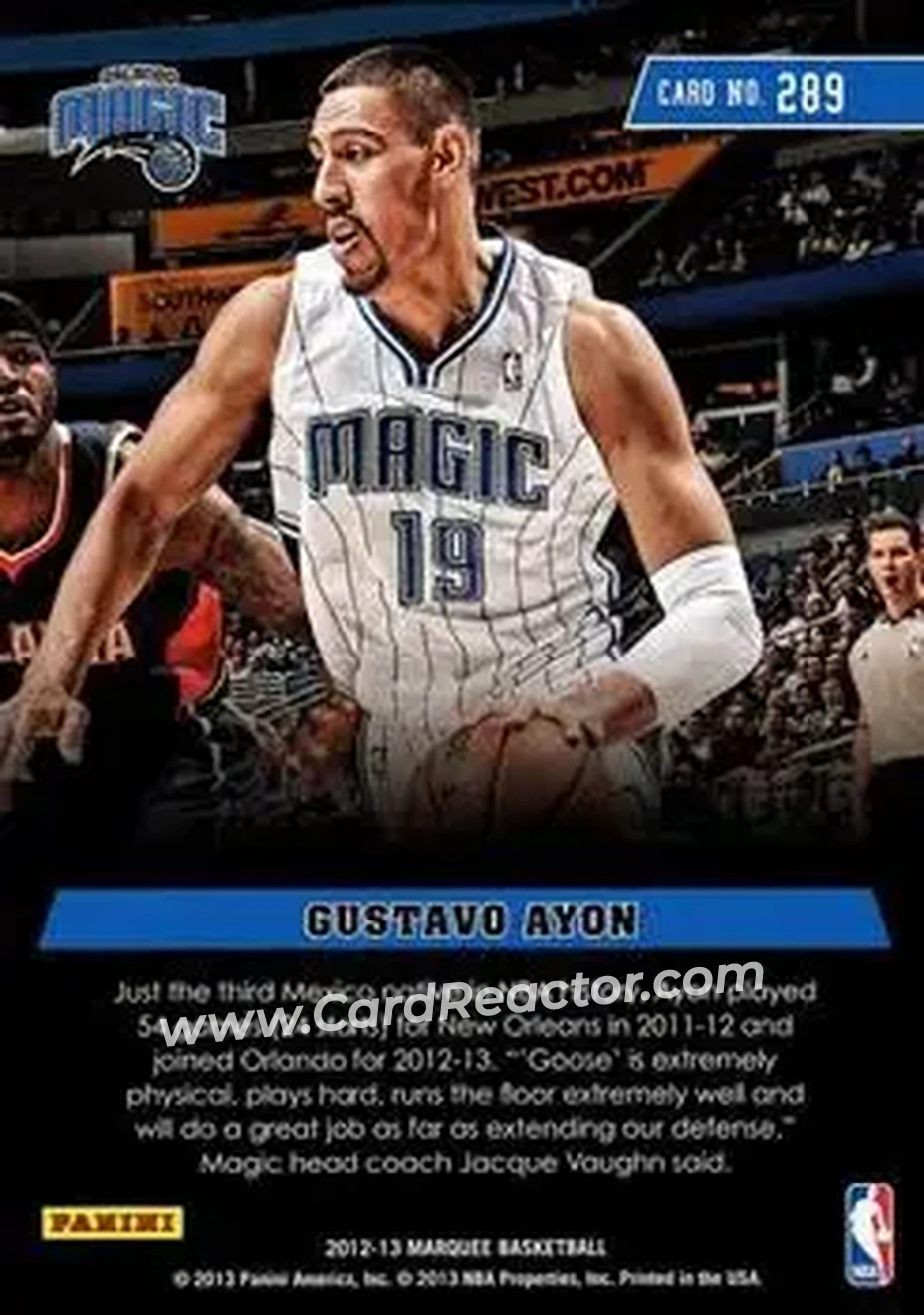 2012-13 Panini Marquee #289 - Gustavo Ayón - Orlando Magic - Back 2012-13 Panini Marquee #289 - Gustavo Ayón - Orlando Magic - Back
