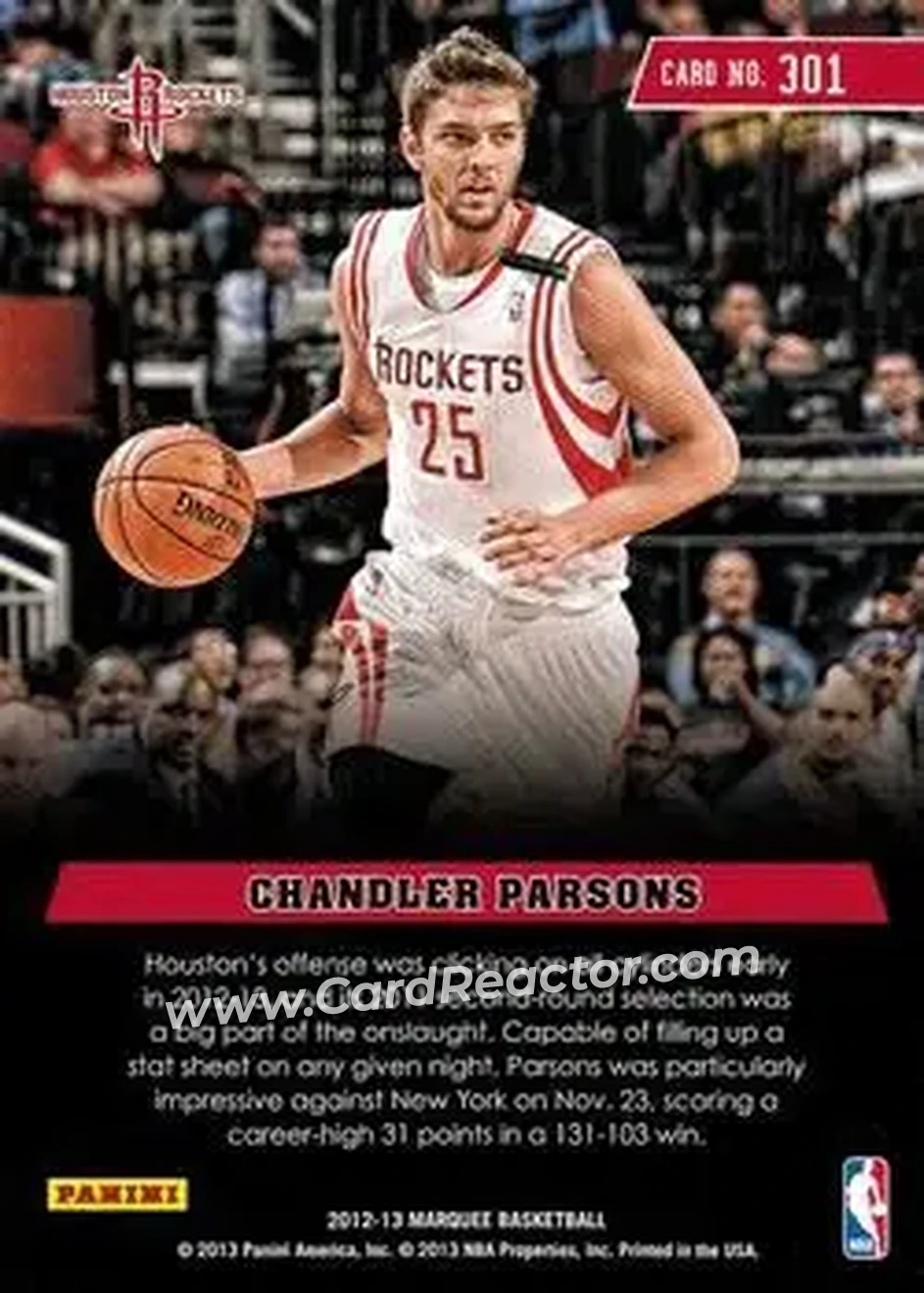2012-13 Panini Marquee #301 - Chandler Parsons - Houston Rockets - Back 2012-13 Panini Marquee #301 - Chandler Parsons - Houston Rockets - Back