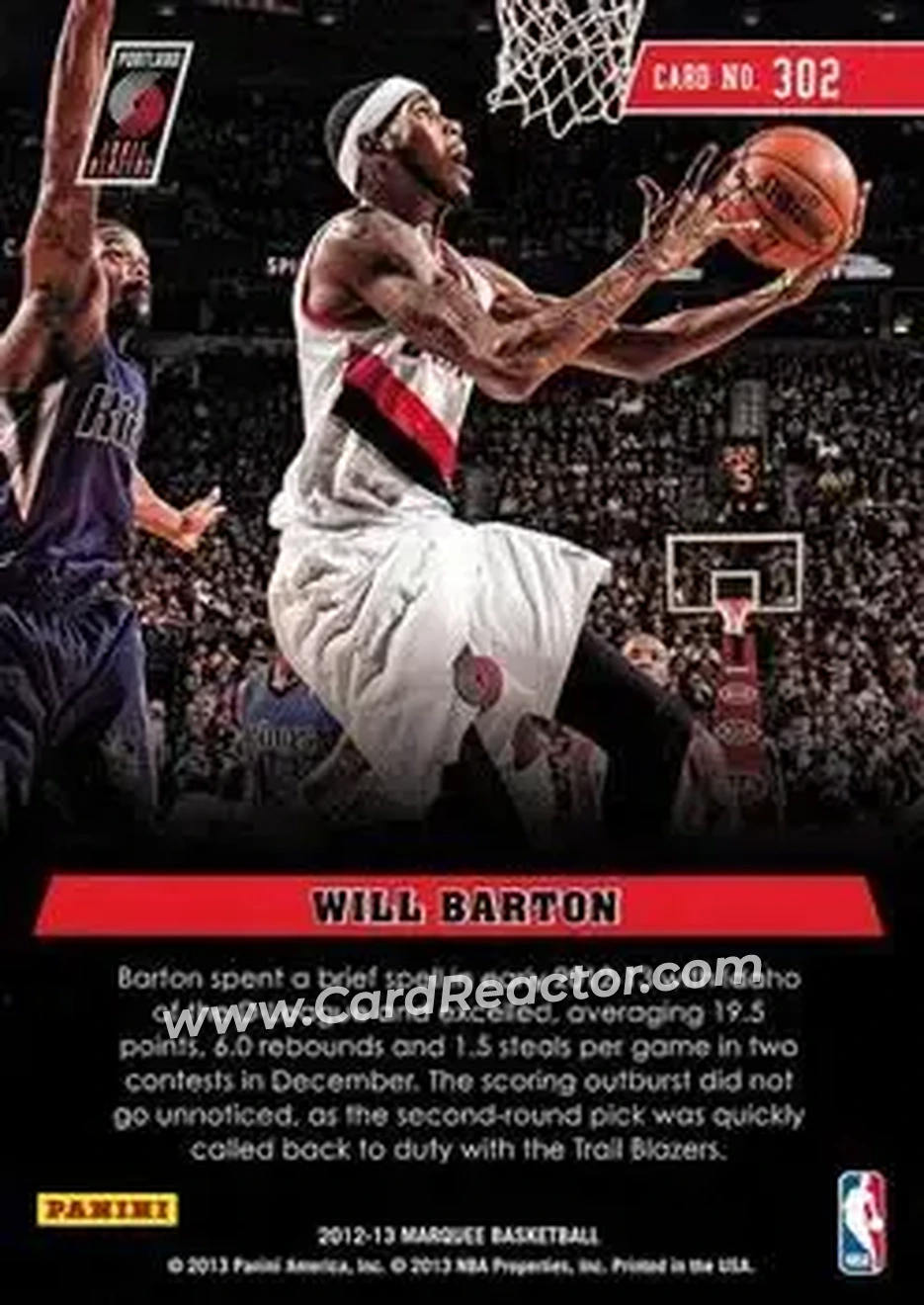 2012-13 Panini Marquee #302 - Will Barton - Portland Trail Blazers - Back