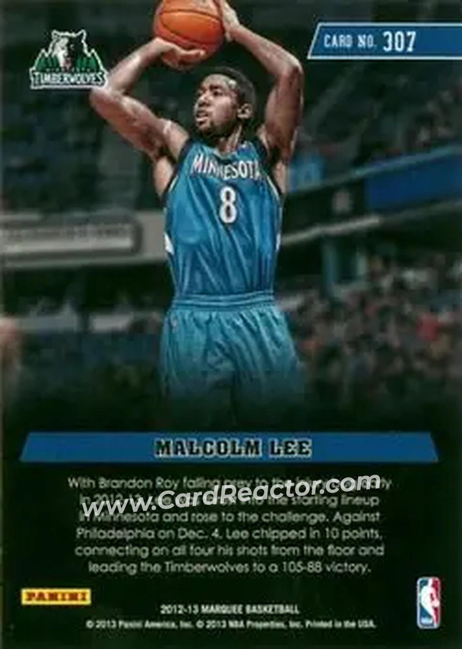2012-13 Panini Marquee #307 - Malcolm Lee - Minnesota Timberwolves - Back 2012-13 Panini Marquee #307 - Malcolm Lee - Minnesota Timberwolves - Back