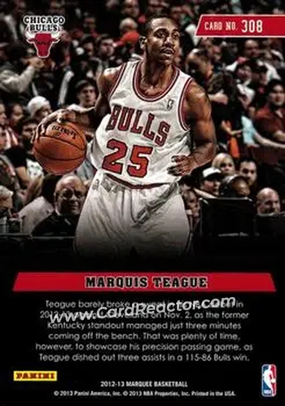 2012-13 Panini Marquee #308 - Marquis Teague - Chicago Bulls - Back