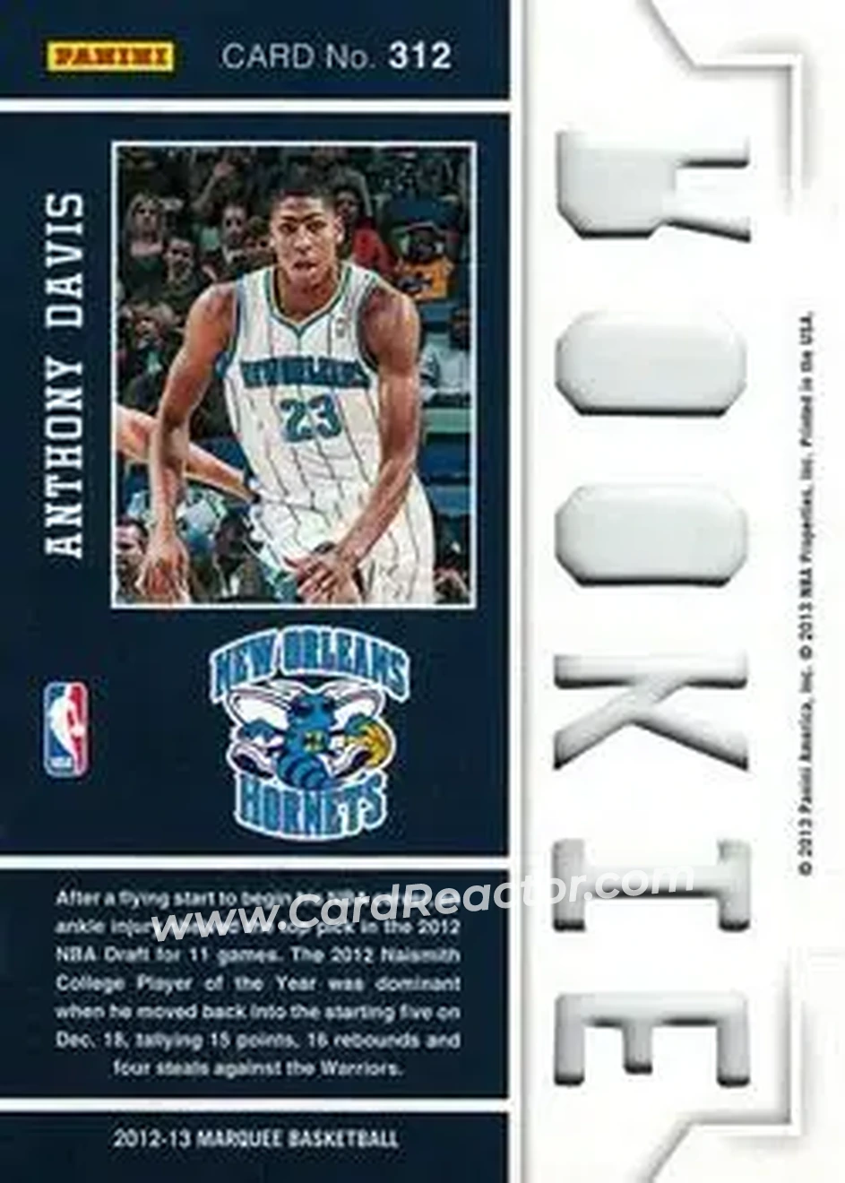 2012-13 Panini Marquee #312 - Anthony Davis - New Orleans Hornets - Back
