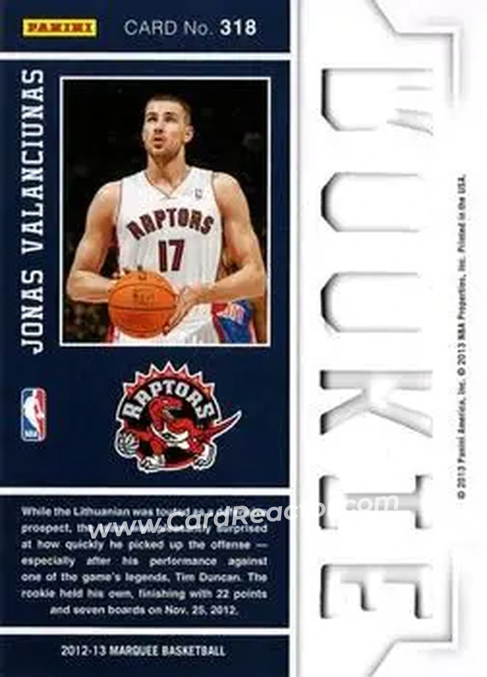 2012-13 Panini Marquee #318 - Jonas Valančiūnas - Toronto Raptors - Back 2012-13 Panini Marquee #318 - Jonas Valančiūnas - Toronto Raptors - Back