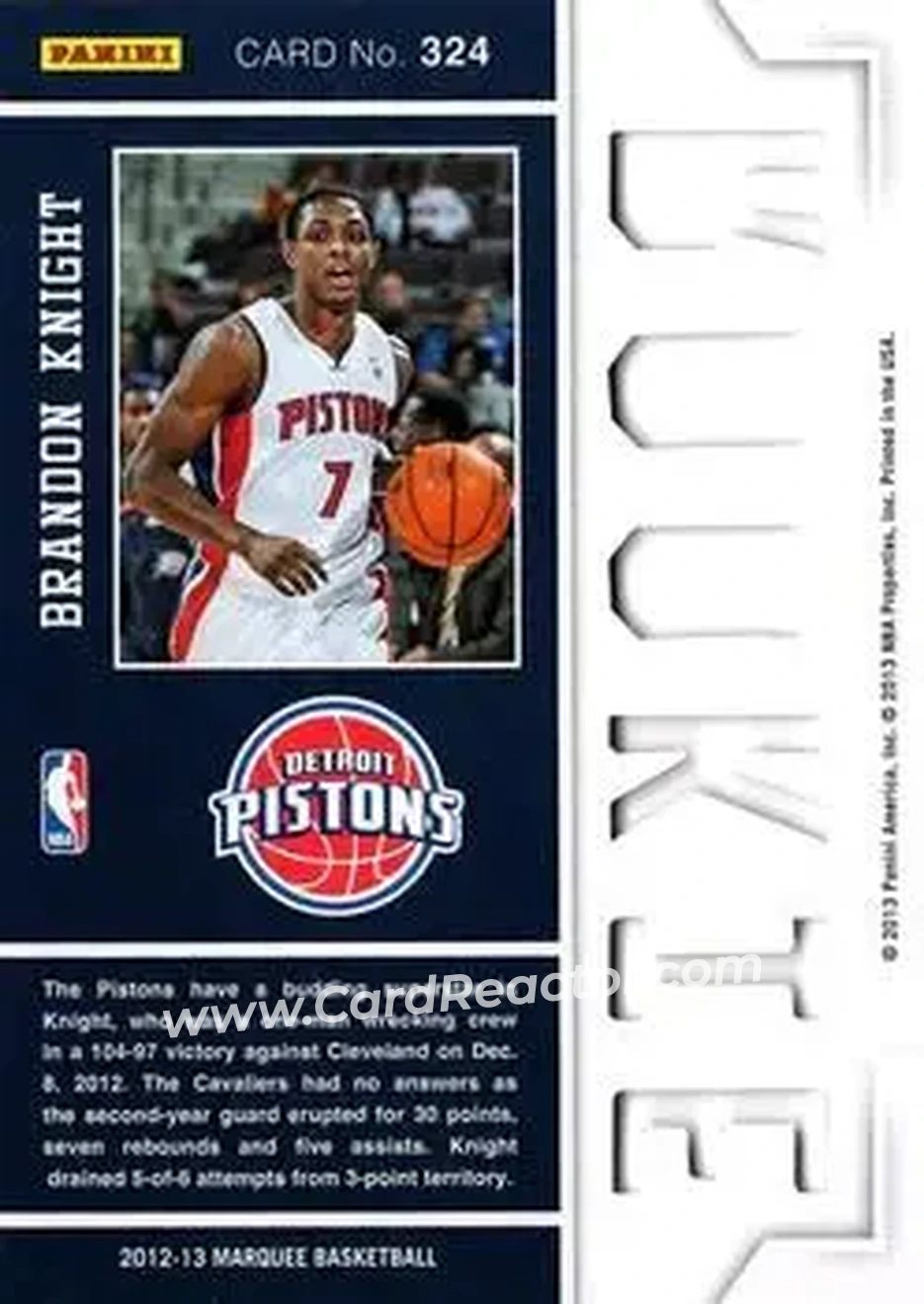 2012-13 Panini Marquee #324 - Brandon Knight - Detroit Pistons - Back