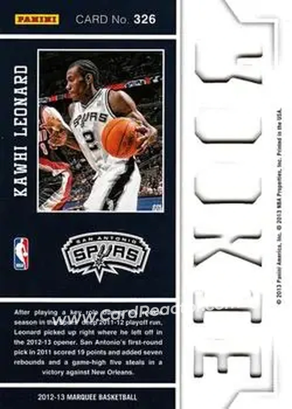 2012-13 Panini Marquee #326 - Kawhi Leonard - San Antonio Spurs - Back