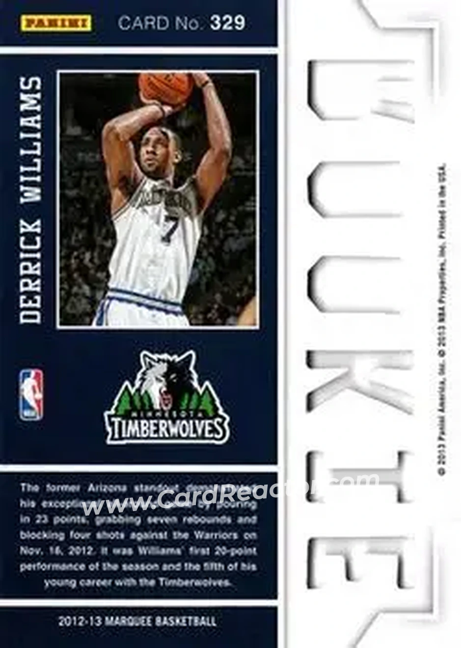 2012-13 Panini Marquee #329 - Derrick Williams - Minnesota Timberwolves - Back