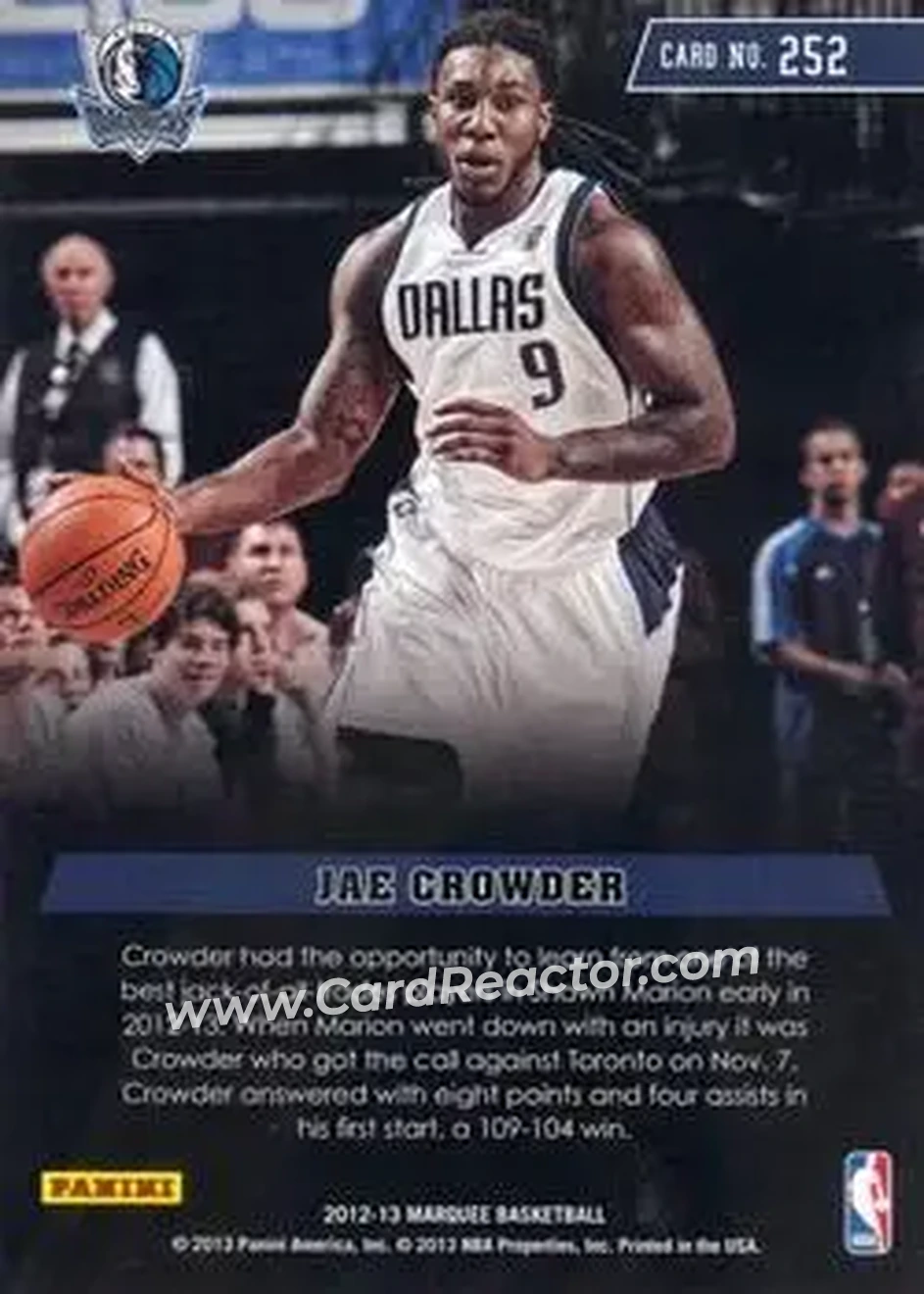 2012-13 Panini Marquee #252 - Jae Crowder - Dallas Mavericks - Back