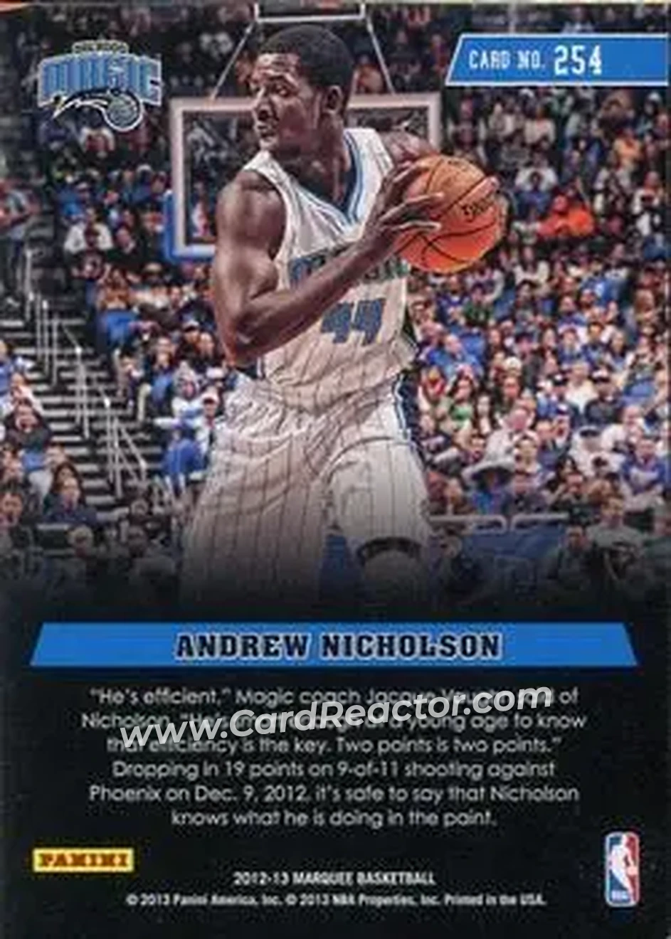 2012-13 Panini Marquee #254 - Andrew Nicholson - Orlando Magic - Back 2012-13 Panini Marquee #254 - Andrew Nicholson - Orlando Magic - Back