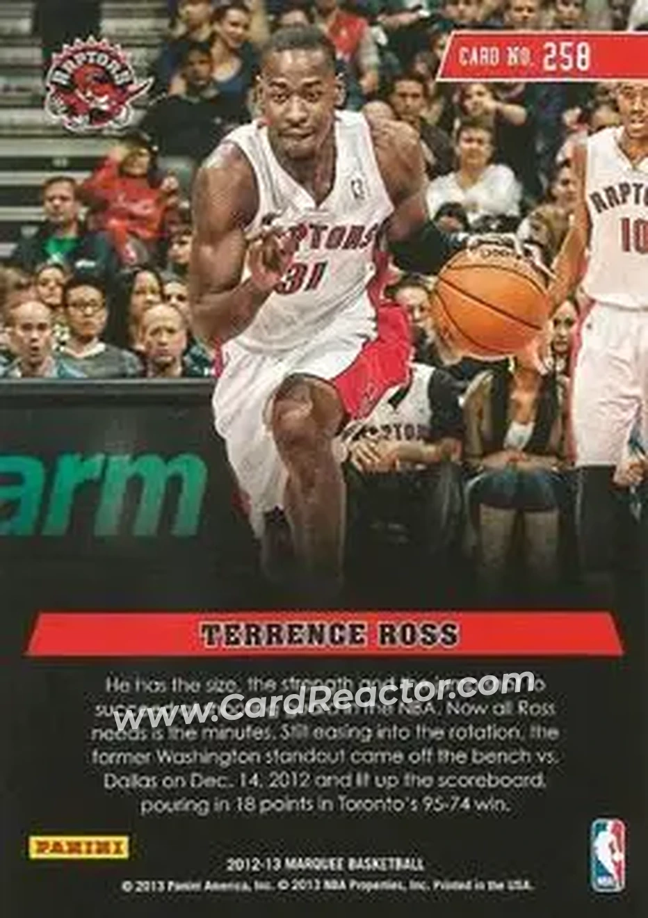 2012-13 Panini Marquee #258 - Terrence Ross - Toronto Raptors - Back 2012-13 Panini Marquee #258 - Terrence Ross - Toronto Raptors - Back