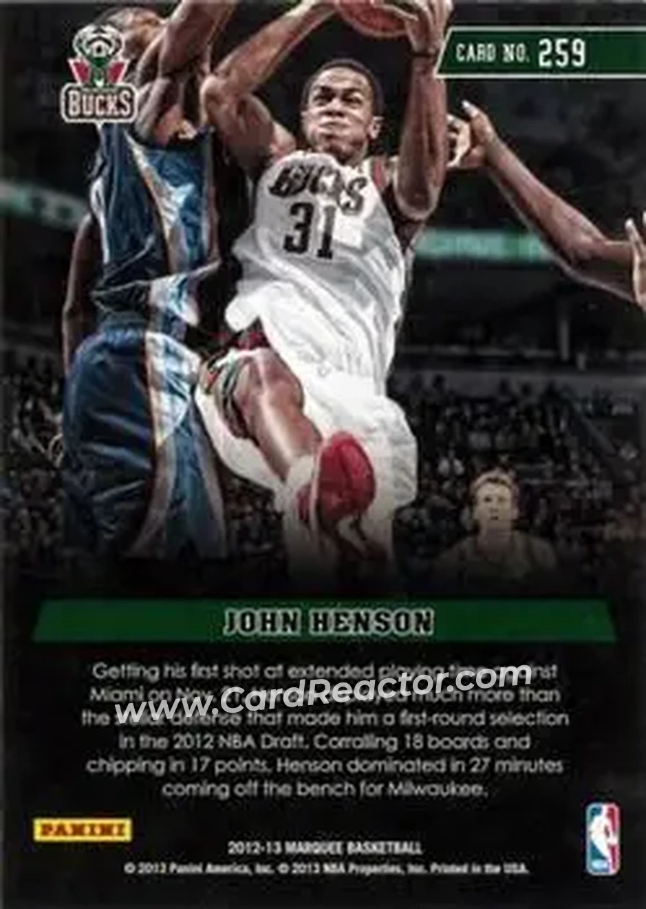 2012-13 Panini Marquee #259 - John Henson - Milwaukee Bucks - Back