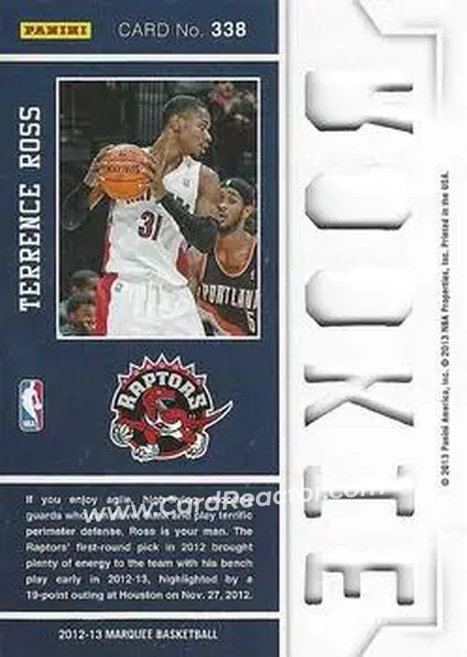 2012-13 Panini Marquee #338 - Terrence Ross - Toronto Raptors - Back 2012-13 Panini Marquee #338 - Terrence Ross - Toronto Raptors - Back