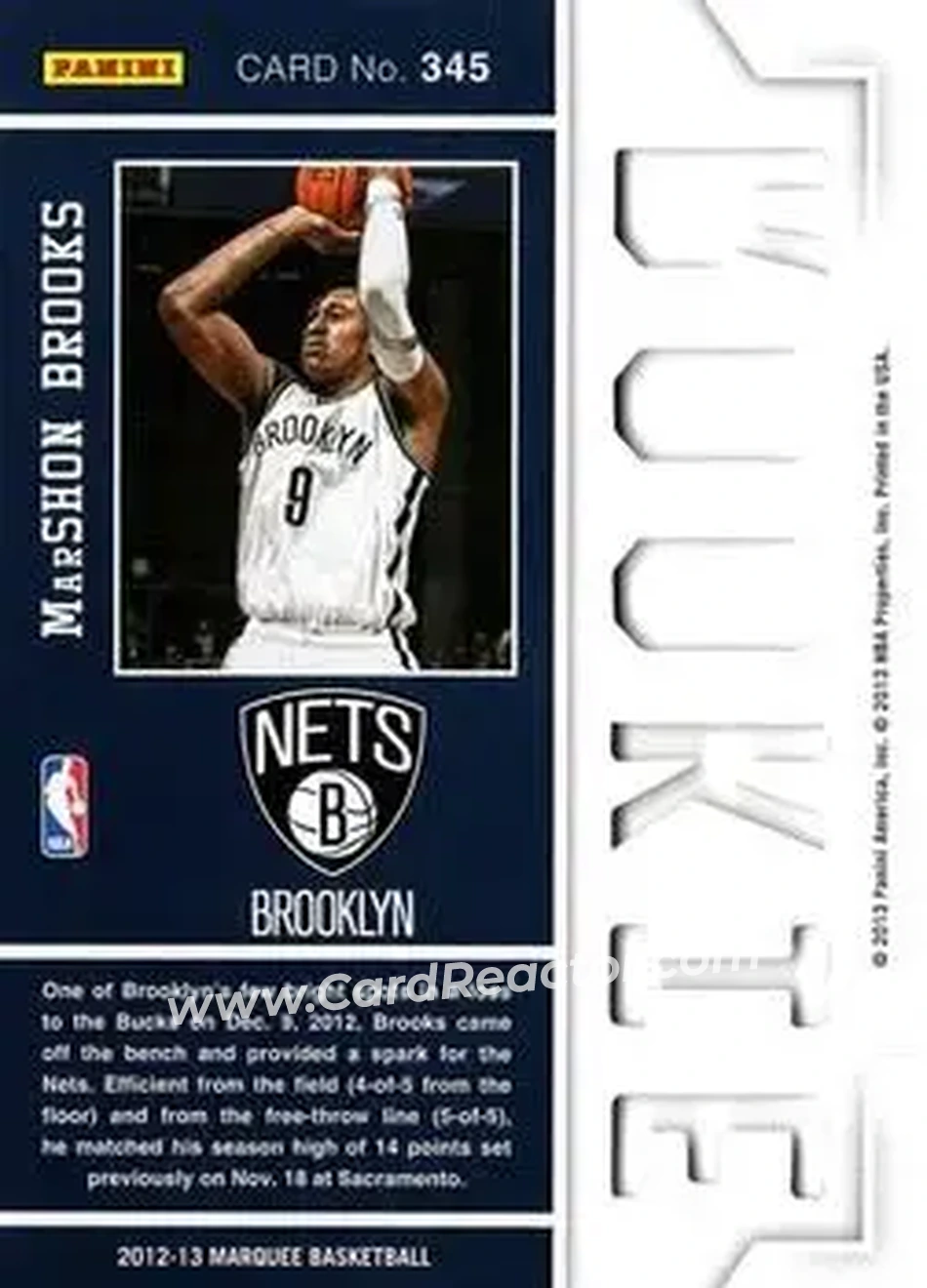 2012-13 Panini Marquee #345 - MarShon Brooks - Brooklyn Nets - Back 2012-13 Panini Marquee #345 - MarShon Brooks - Brooklyn Nets - Back