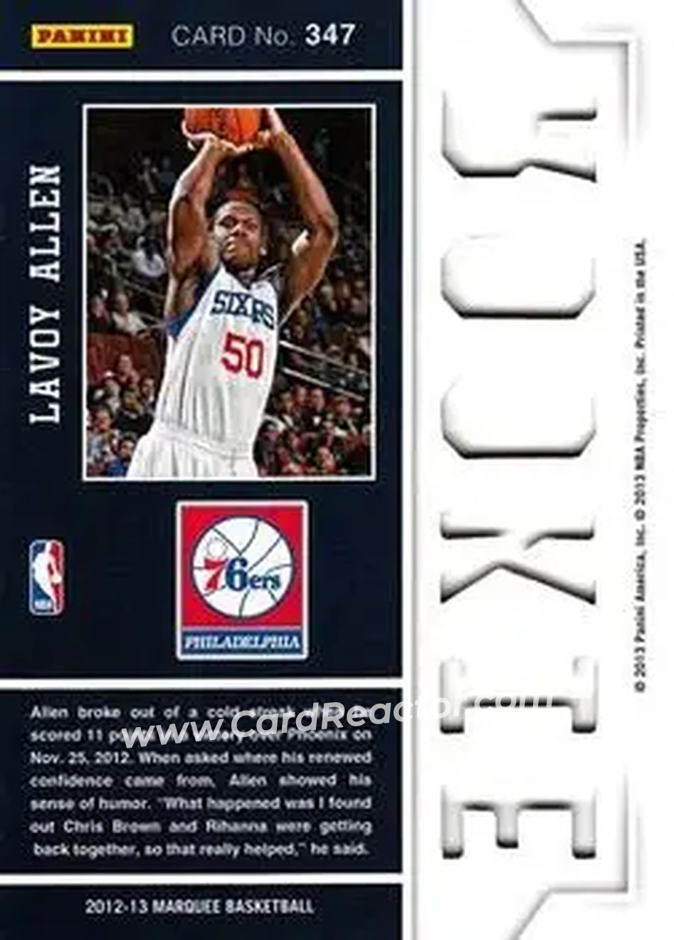 2012-13 Panini Marquee #347 - Lavoy Allen - Philadelphia 76ers - Back