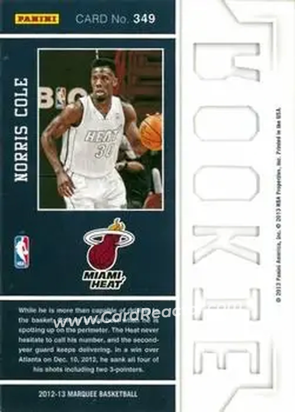 2012-13 Panini Marquee #349 - Norris Cole - Miami Heat - Back 2012-13 Panini Marquee #349 - Norris Cole - Miami Heat - Back
