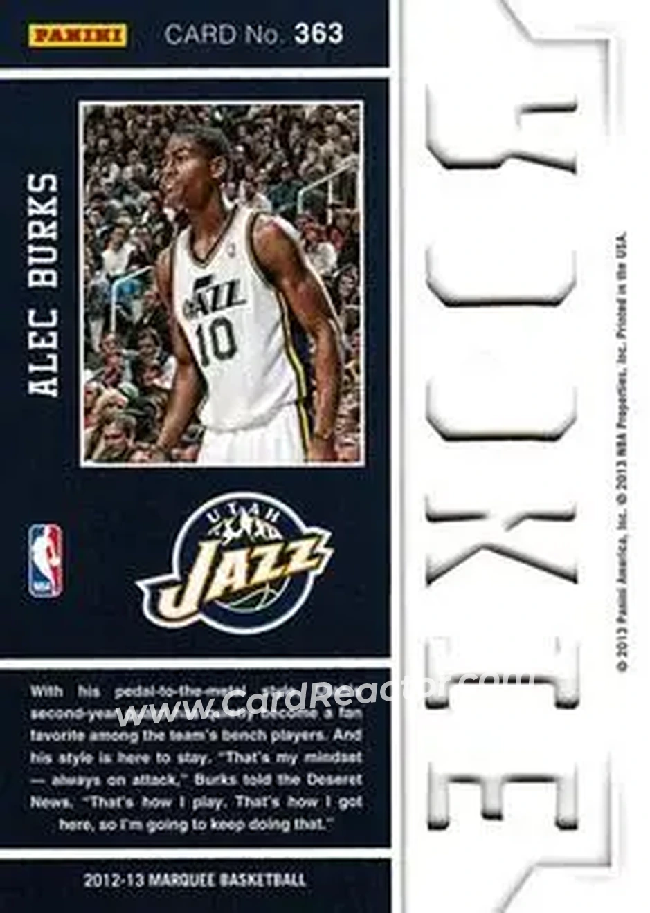2012-13 Panini Marquee #363 - Alec Burks - Utah Jazz - Back