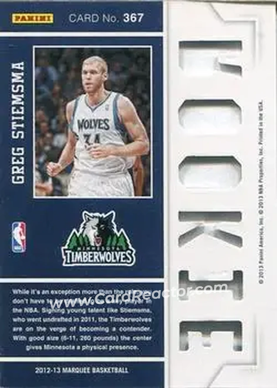 2012-13 Panini Marquee #367 - Greg Stiemsma - Minnesota Timberwolves - Back 2012-13 Panini Marquee #367 - Greg Stiemsma - Minnesota Timberwolves - Back