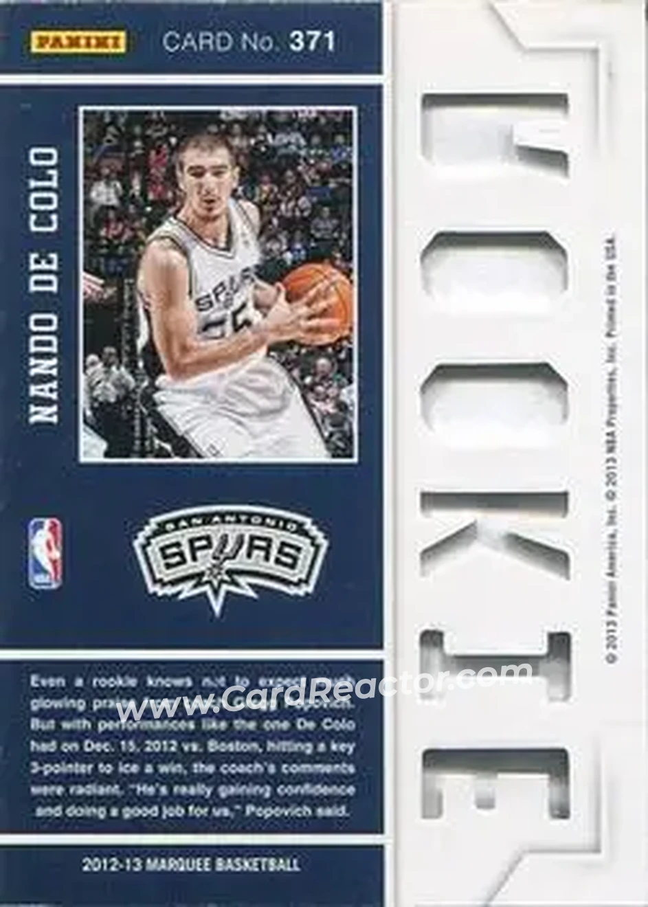 2012-13 Panini Marquee #371 - Nando De Colo - San Antonio Spurs - Back
