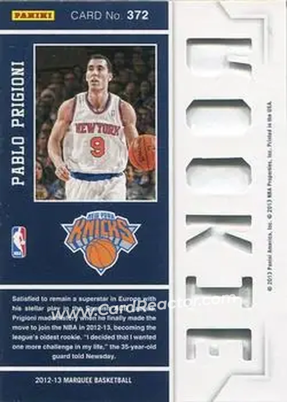 2012-13 Panini Marquee #372 - Pablo Prigioni - New York Knicks - Back