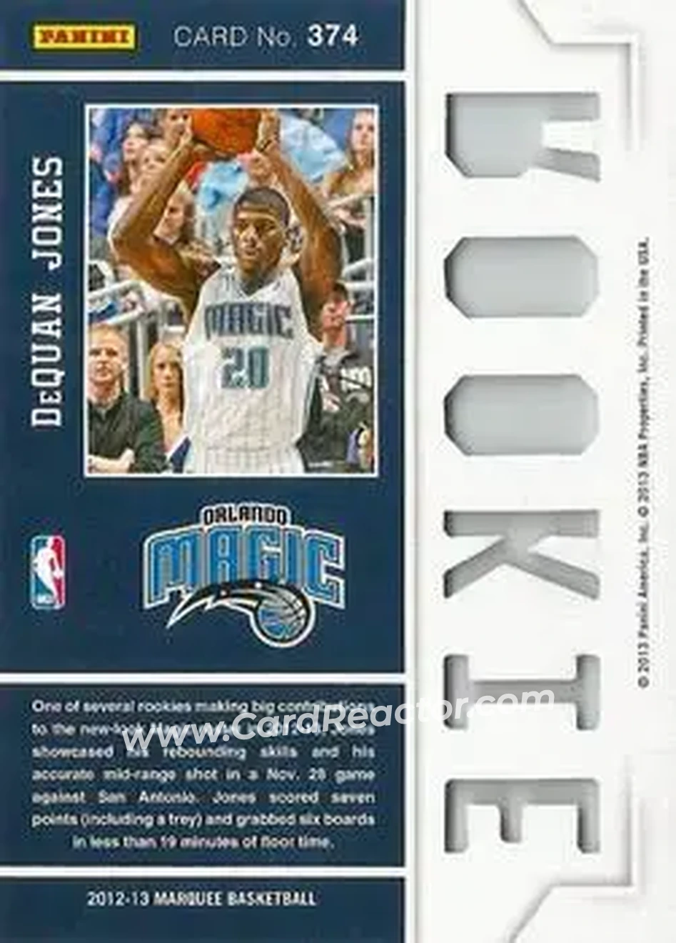 2012-13 Panini Marquee #374 - DeQuan Jones - Orlando Magic - Back