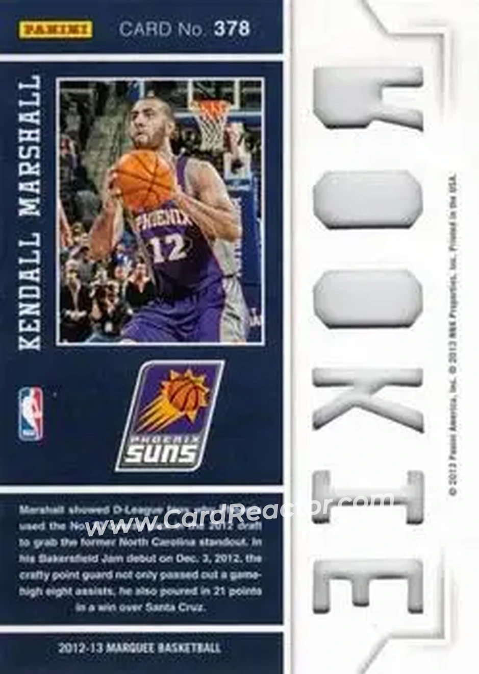 2012-13 Panini Marquee #378 - Kendall Marshall - Phoenix Suns - Back