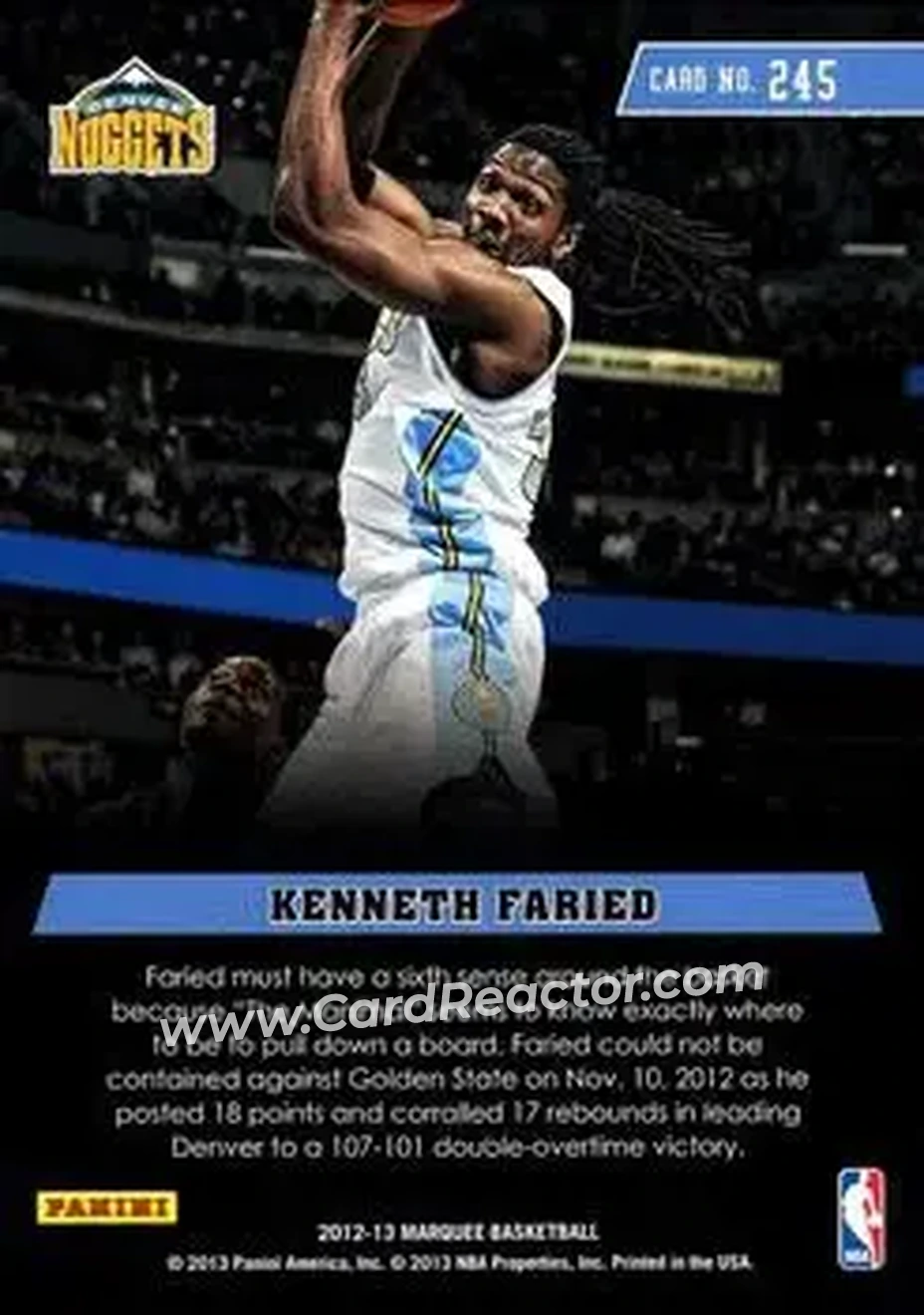 2012-13 Panini Marquee #245 - Kenneth Faried - Denver Nuggets - Back