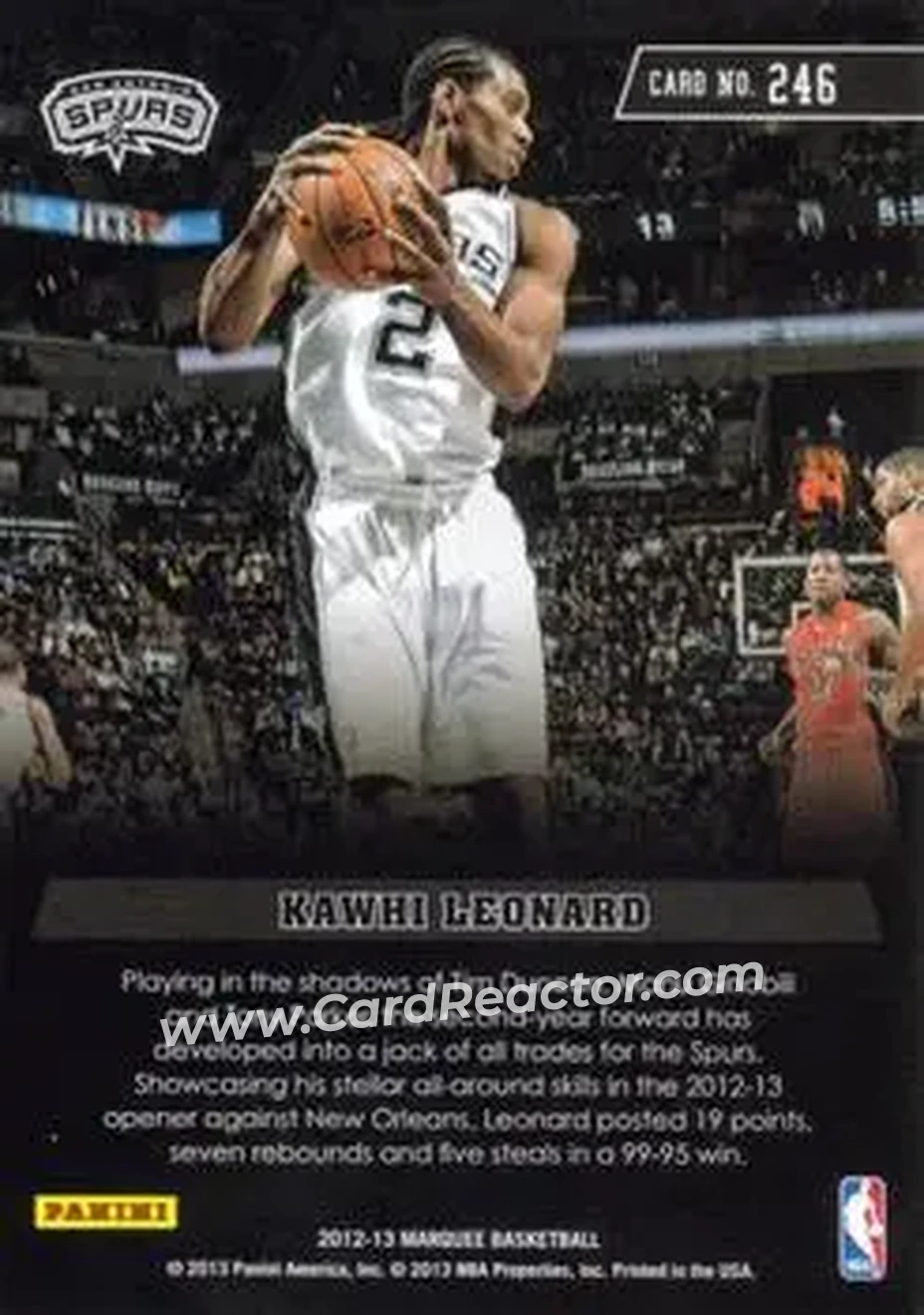 2012-13 Panini Marquee #246 - Kawhi Leonard - San Antonio Spurs - Back