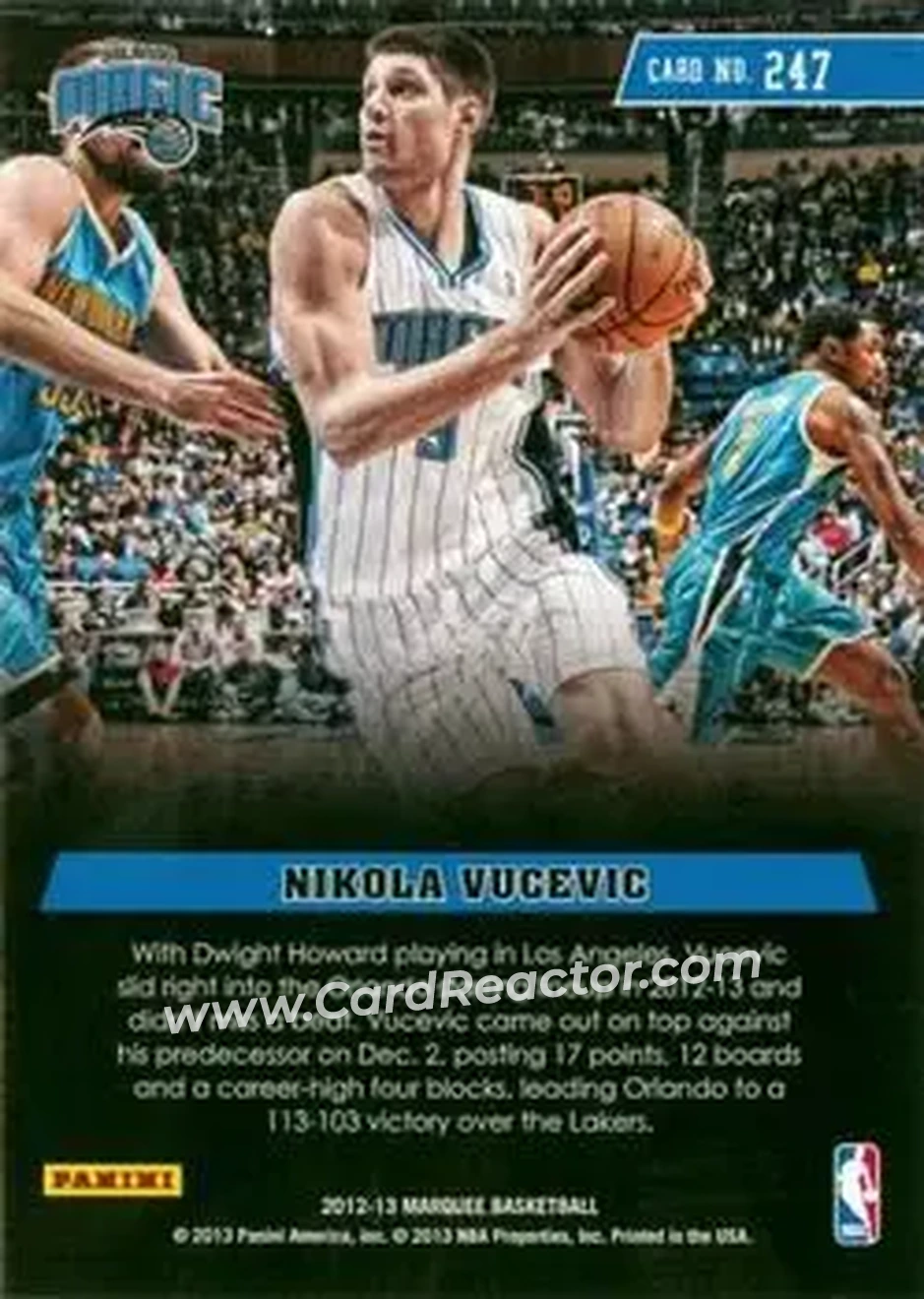 2012-13 Panini Marquee #247 - Nikola Vučević - Orlando Magic - Back