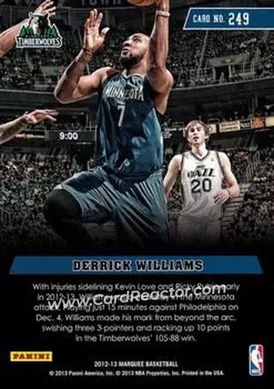 2012-13 Panini Marquee #249 - Derrick Williams - Minnesota Timberwolves - Back