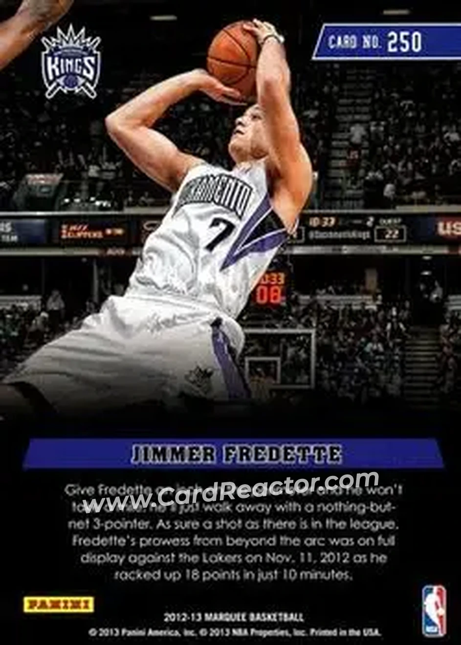2012-13 Panini Marquee #250 - Jimmer Fredette - Sacramento Kings - Back 2012-13 Panini Marquee #250 - Jimmer Fredette - Sacramento Kings - Back