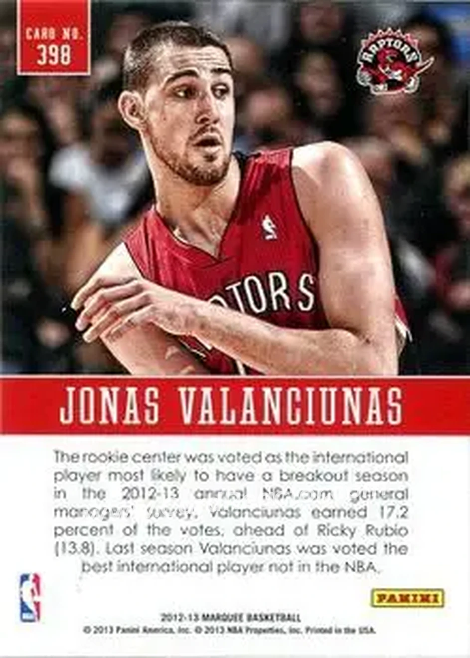 2012-13 Panini Marquee #398 - Jonas Valančiūnas - Toronto Raptors - Back 2012-13 Panini Marquee #398 - Jonas Valančiūnas - Toronto Raptors - Back