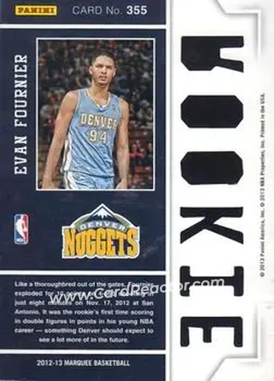 2012-13 Panini Marquee #355 - Evan Fournier - Denver Nuggets - Back
