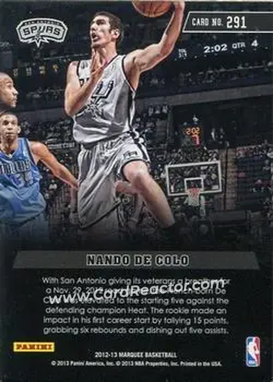 2012-13 Panini Marquee #291 - Nando De Colo - San Antonio Spurs - Back