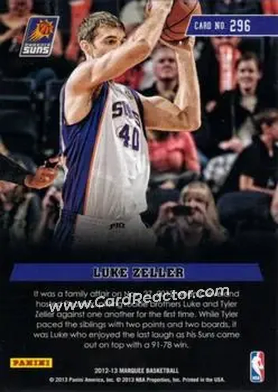 2012-13 Panini Marquee #296 - Luke Zeller - Phoenix Suns - Back