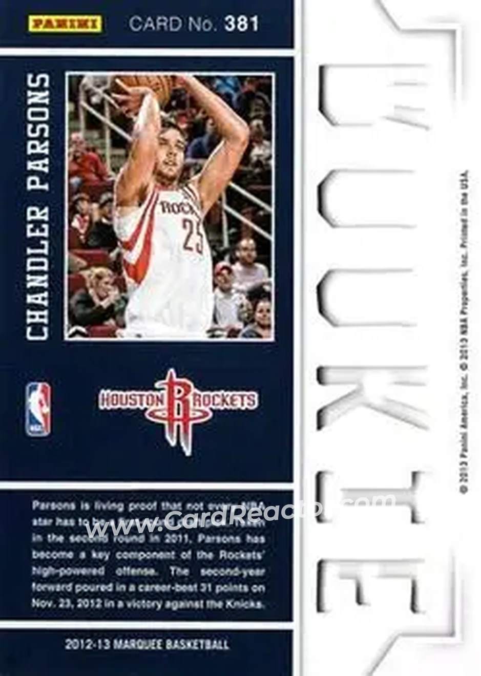 2012-13 Panini Marquee #381 - Chandler Parsons - Houston Rockets - Back
