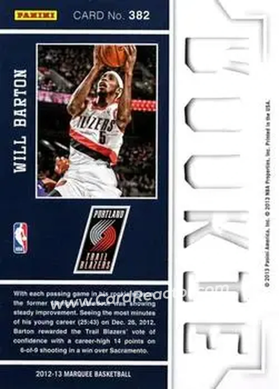 2012-13 Panini Marquee #382 - Will Barton - Portland Trail Blazers - Back