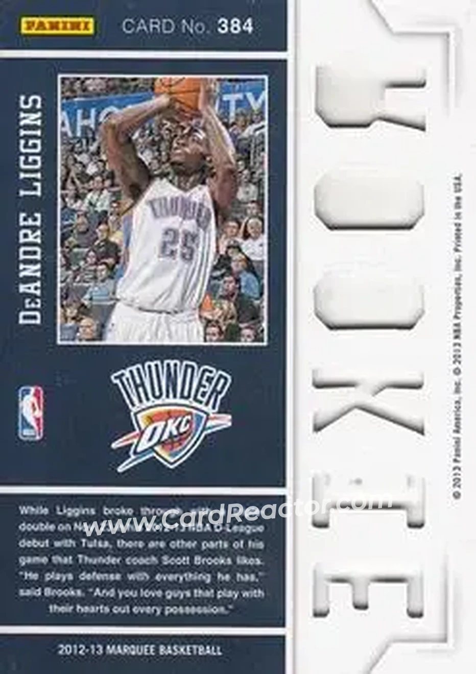 2012-13 Panini Marquee #384 - DeAndre Liggins - Oklahoma City Thunder - Back 2012-13 Panini Marquee #384 - DeAndre Liggins - Oklahoma City Thunder - Back