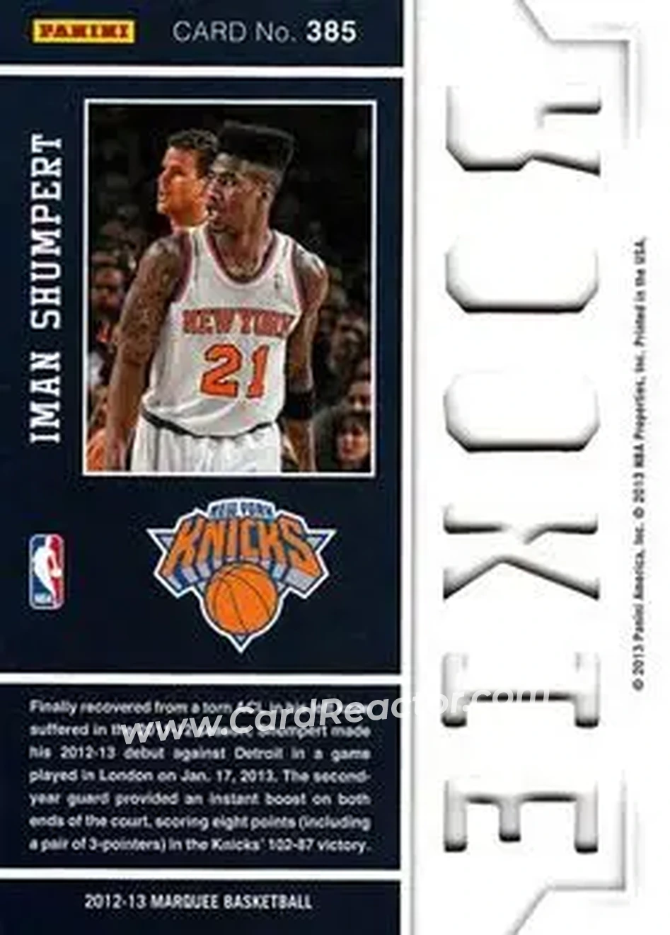 2012-13 Panini Marquee #385 - Iman Shumpert - New York Knicks - Back