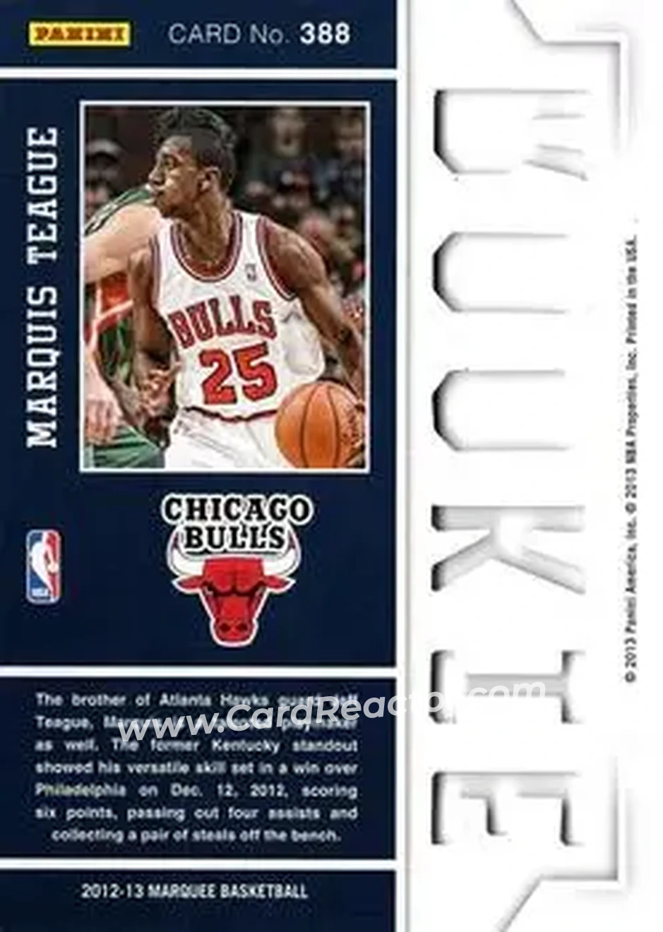 2012-13 Panini Marquee #388 - Marquis Teague - Chicago Bulls - Back