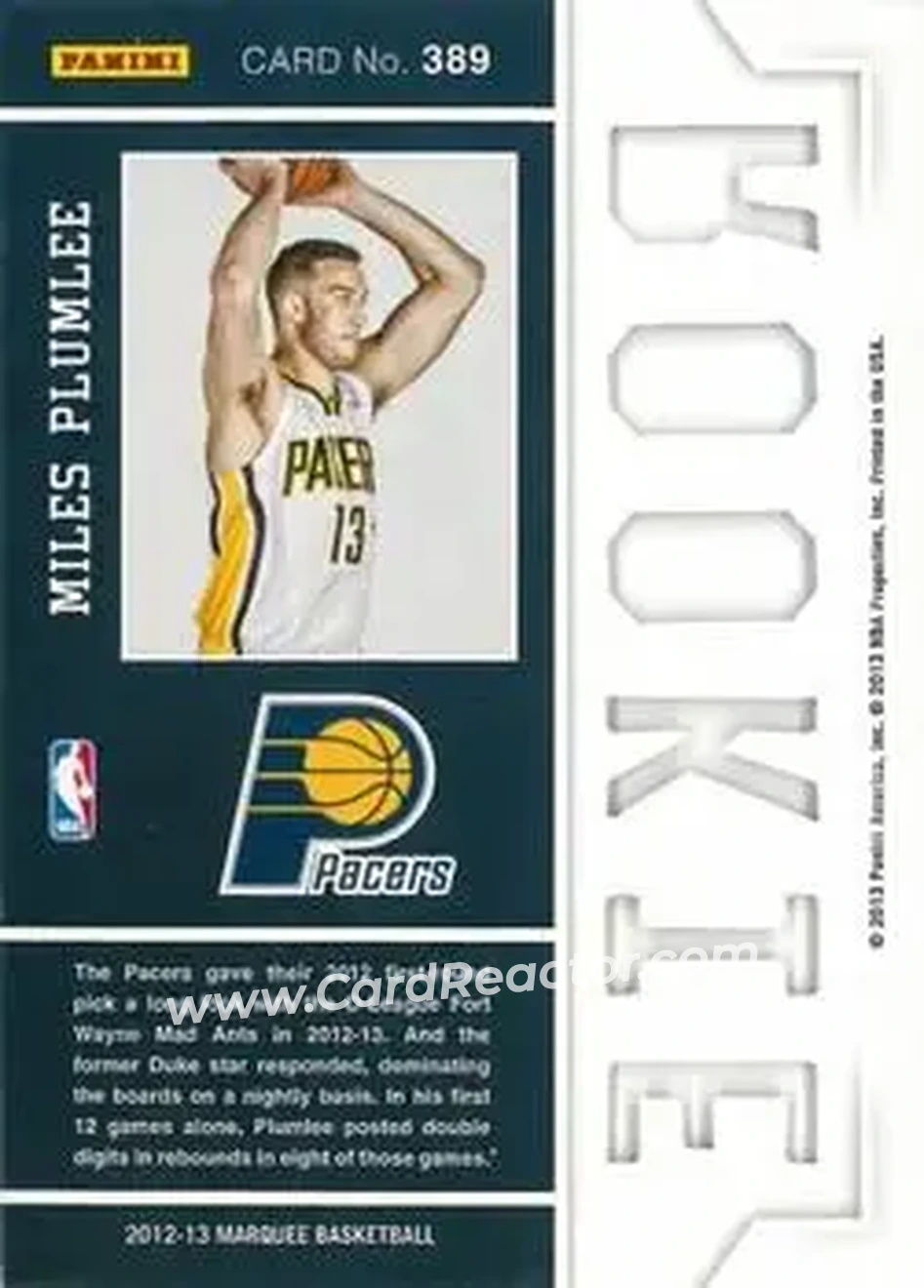 2012-13 Panini Marquee #389 - Miles Plumlee - Indiana Pacers - Back