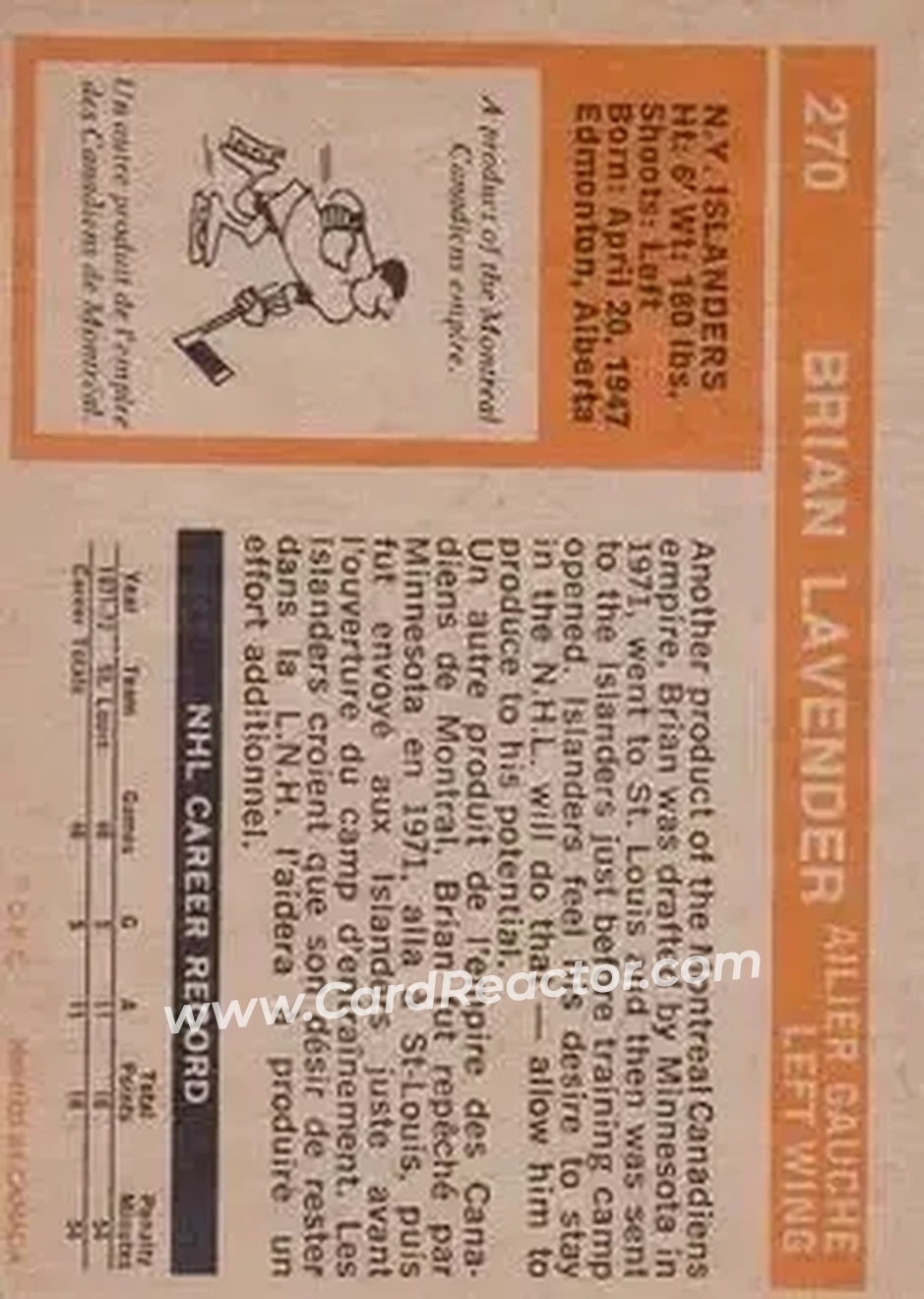 1972-73 O-Pee-Chee #270 - Brian Lavender - New York Islanders - Back