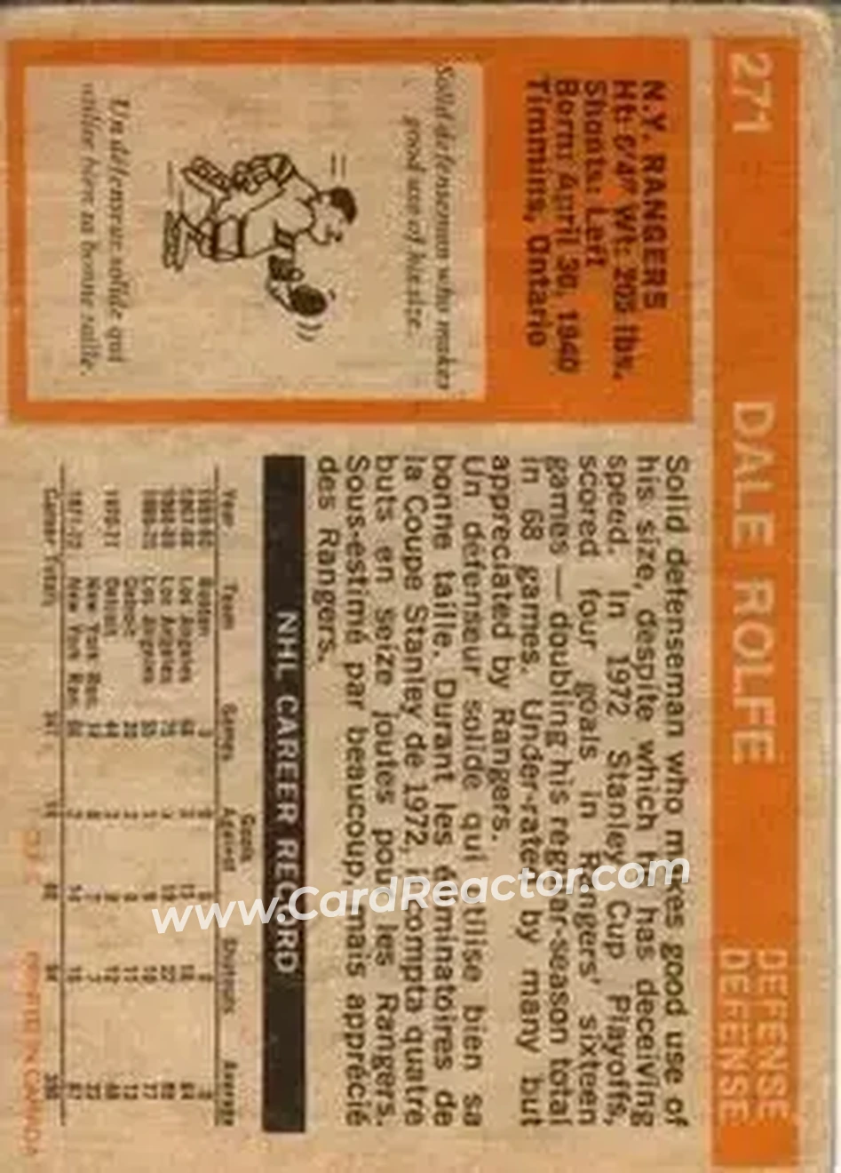 1972-73 O-Pee-Chee #271 - Dale Rolfe - New York Rangers - Back 1972-73 O-Pee-Chee #271 - Dale Rolfe - New York Rangers - Back