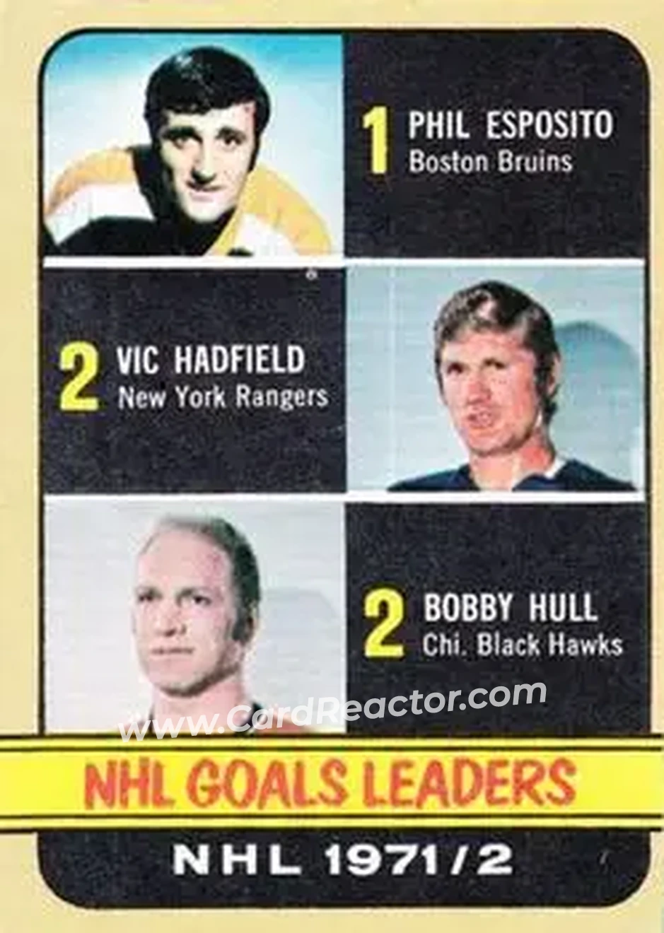 1972-73 O-Pee-Chee #272 - NHL Goals Leaders (Phil Esposito - Vic Hadfield - Bobby Hull) LL - Boston Bruins - New York Rangers - Chicago Blackhawks - Front