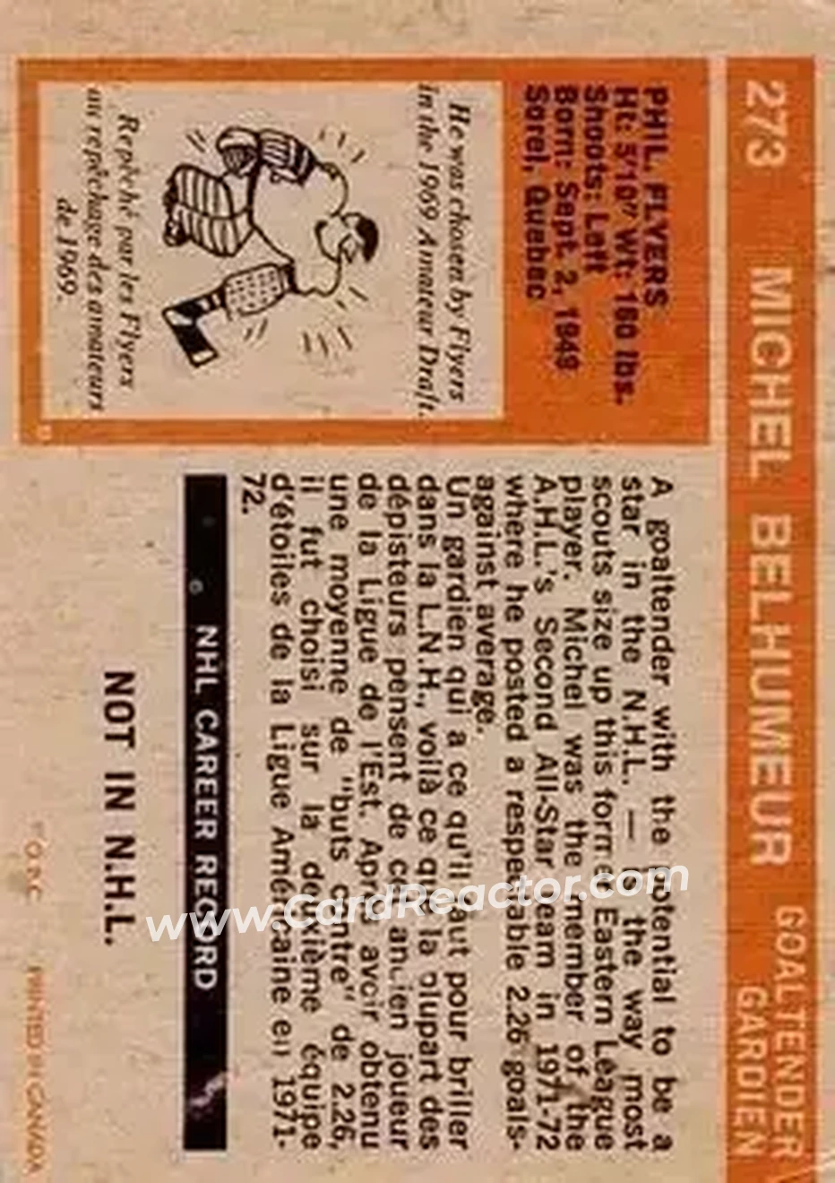 1972-73 O-Pee-Chee #273 - Michel Belhumeur - Philadelphia Flyers - Back 1972-73 O-Pee-Chee #273 - Michel Belhumeur - Philadelphia Flyers - Back