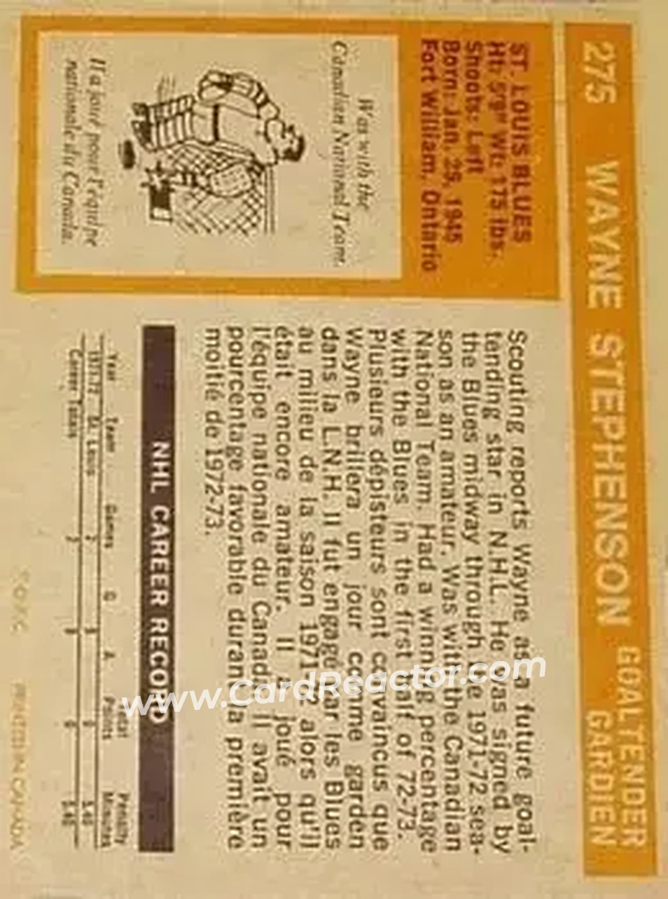 1972-73 O-Pee-Chee #275 - Wayne Stephenson - St. Louis Blues - Back