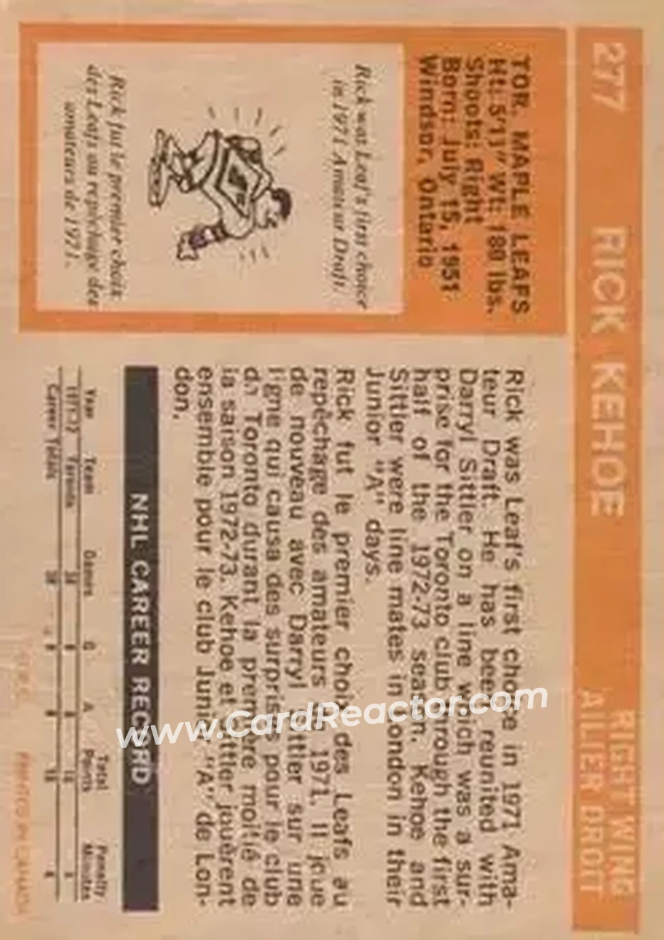 1972-73 O-Pee-Chee #277 - Rick Kehoe - Toronto Maple Leafs - Back