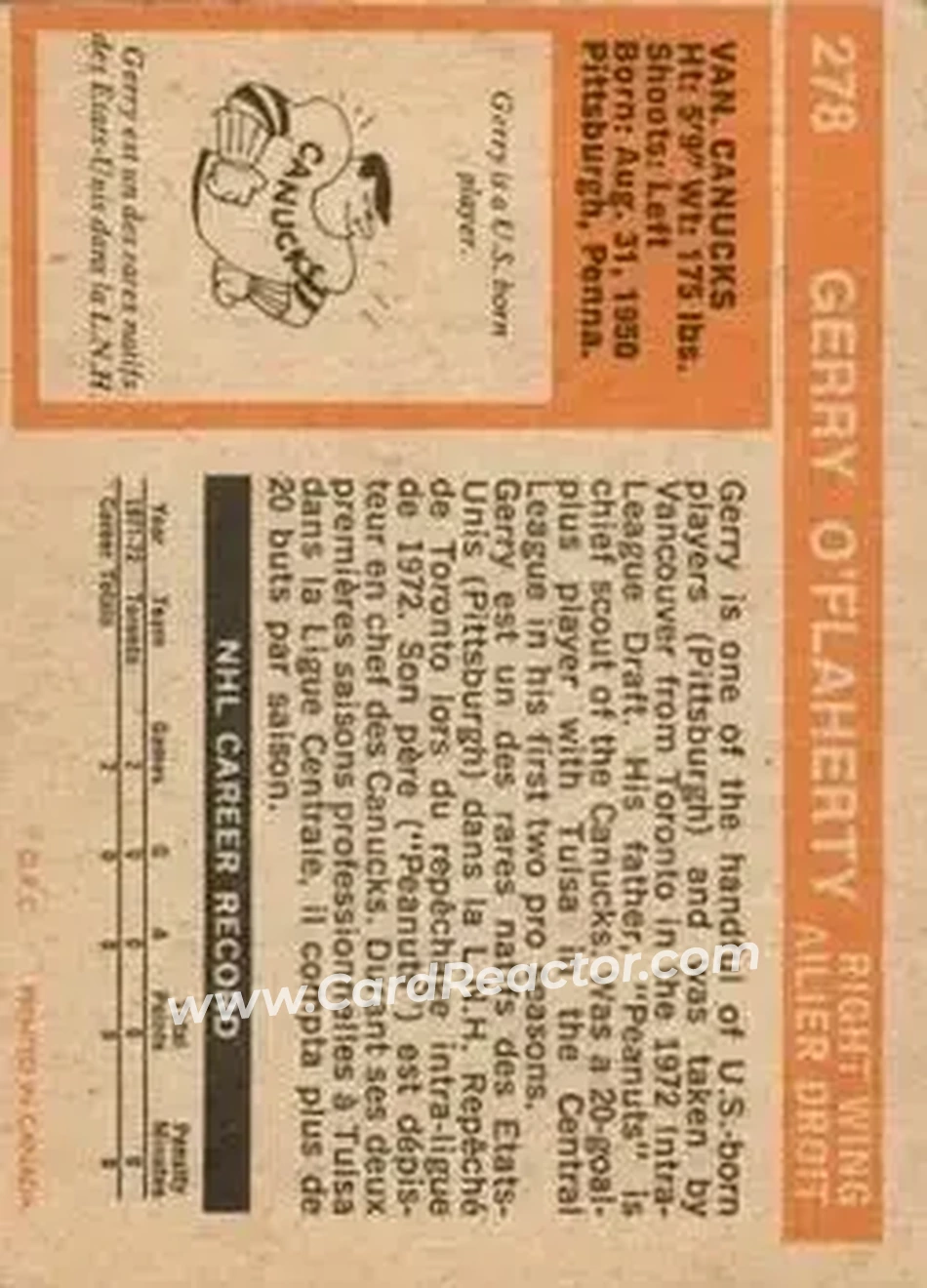 1972-73 O-Pee-Chee #278 - Gerry O'Flaherty - Vancouver Canucks - Back