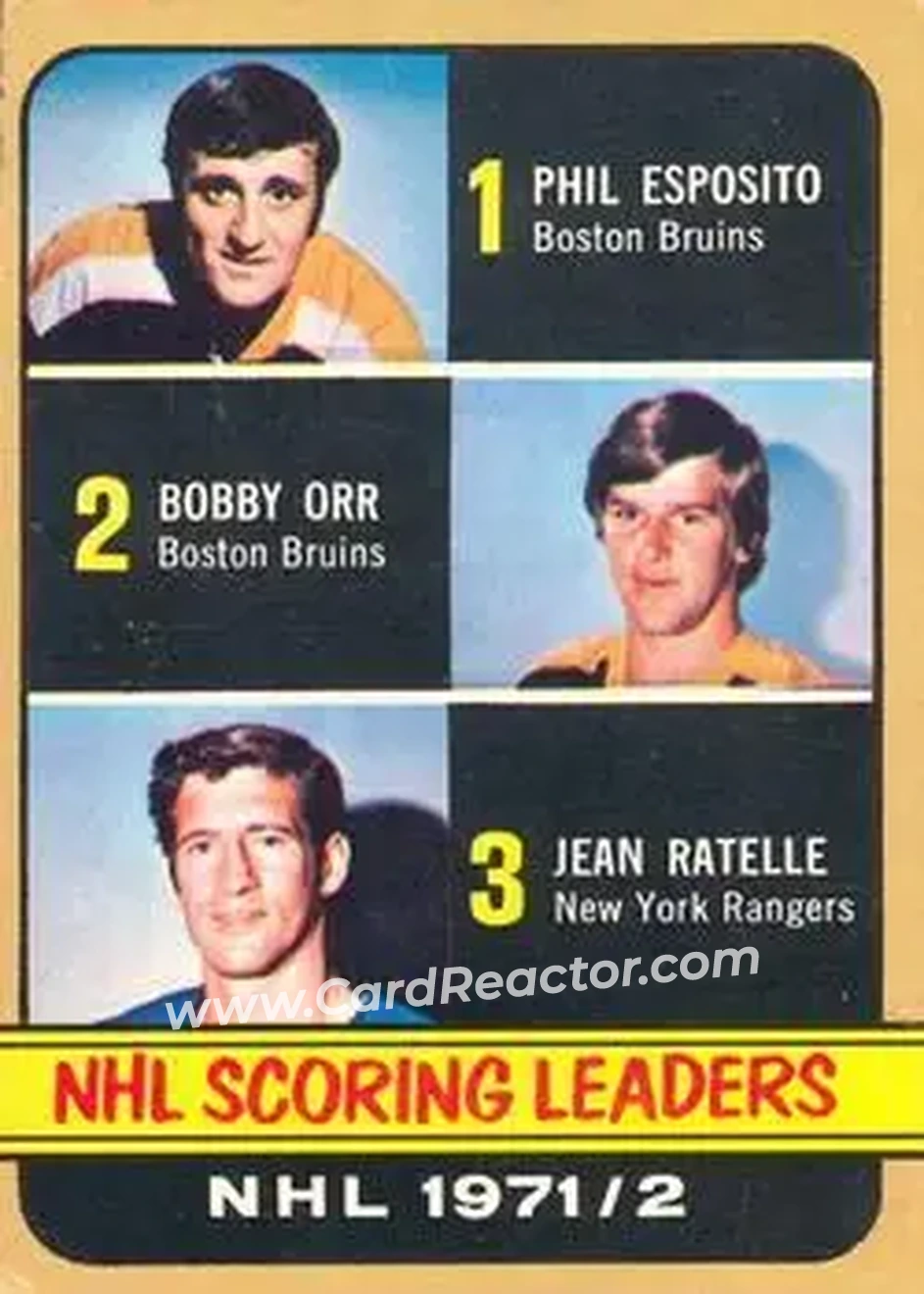 1972-73 O-Pee-Chee #280 - NHL Scoring Leaders (Phil Esposito - Bobby Orr - Jean Ratelle) LL - Boston Bruins - New York Rangers - Front 1972-73 O-Pee-Chee #280 - NHL Scoring Leaders (Phil Esposito - Bobby Orr - Jean Ratelle) LL - Boston Bruins - New York Rangers - Front
