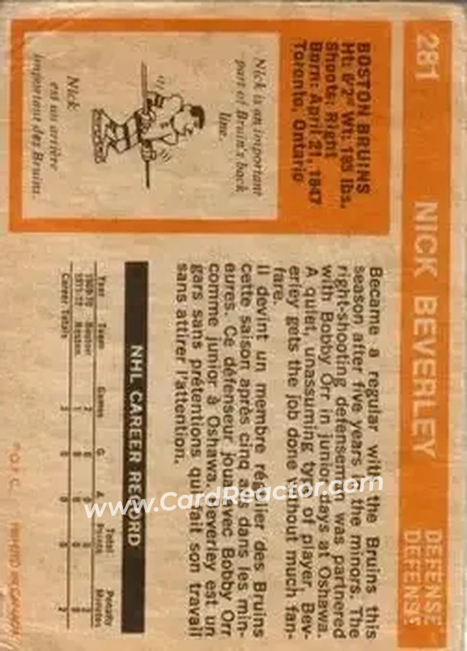 1972-73 O-Pee-Chee #281 - Nick Beverley - Boston Bruins - Back